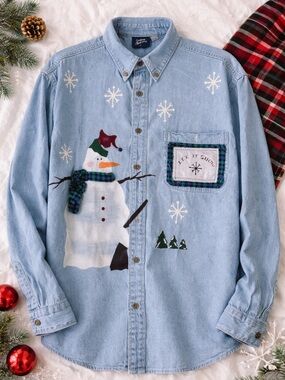 Vintage Christmas Denim Shirt | Snowman Button Down | Holiday Top | Large